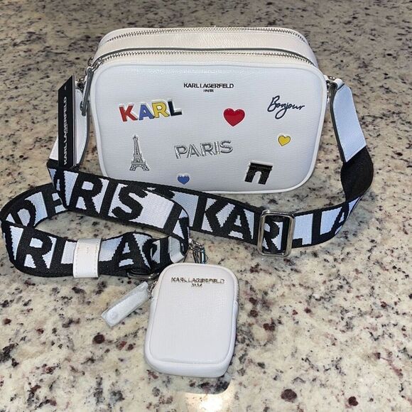 Karl Lagerfeld Maybelle Crossbody Bag Double Zip White With Pins Pouch NWT $228 - Picture 2 of 7